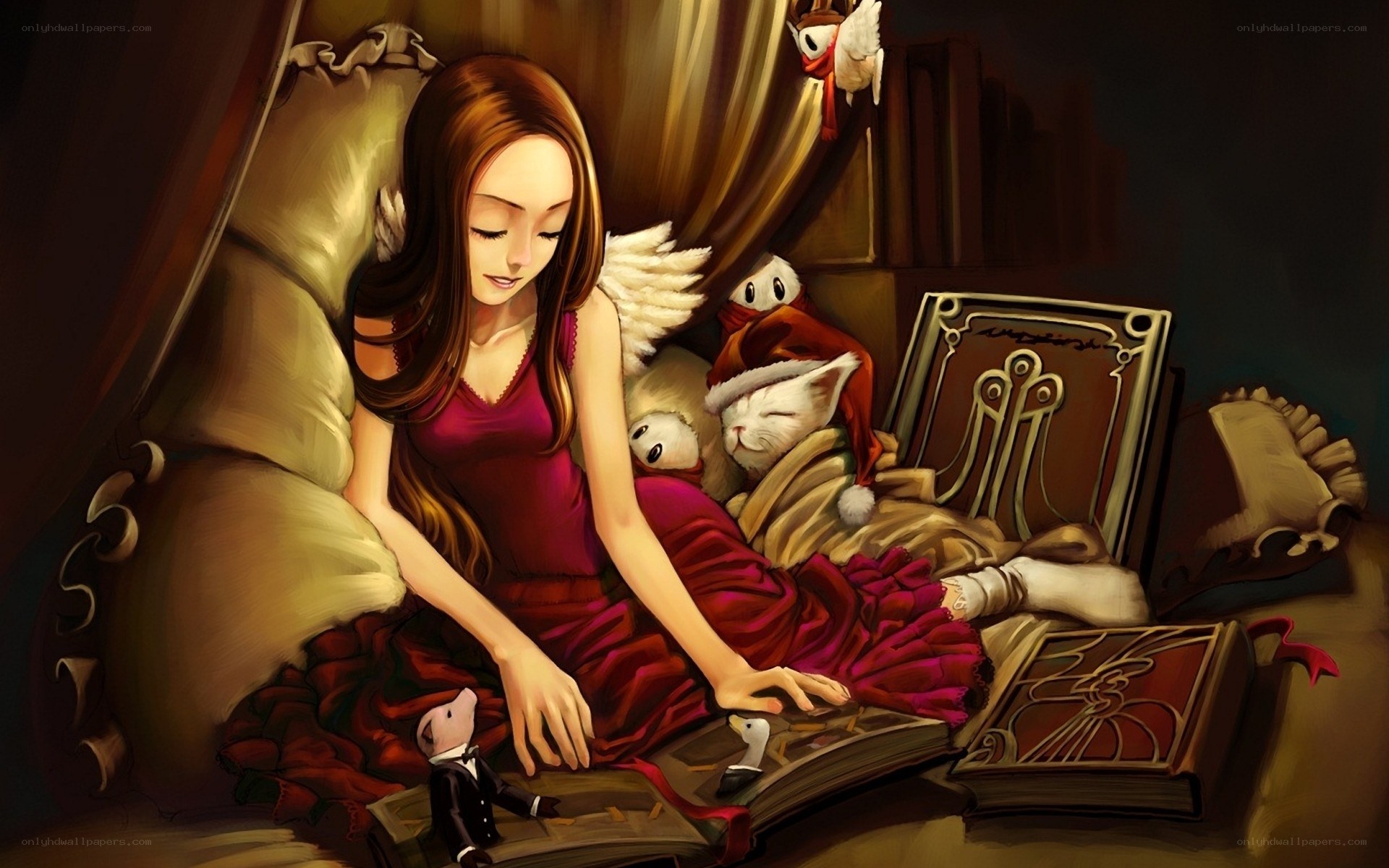 girl reading with stuffed animals