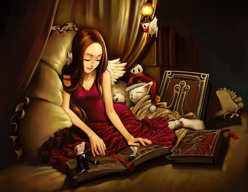 Girl reading with stuffed animals