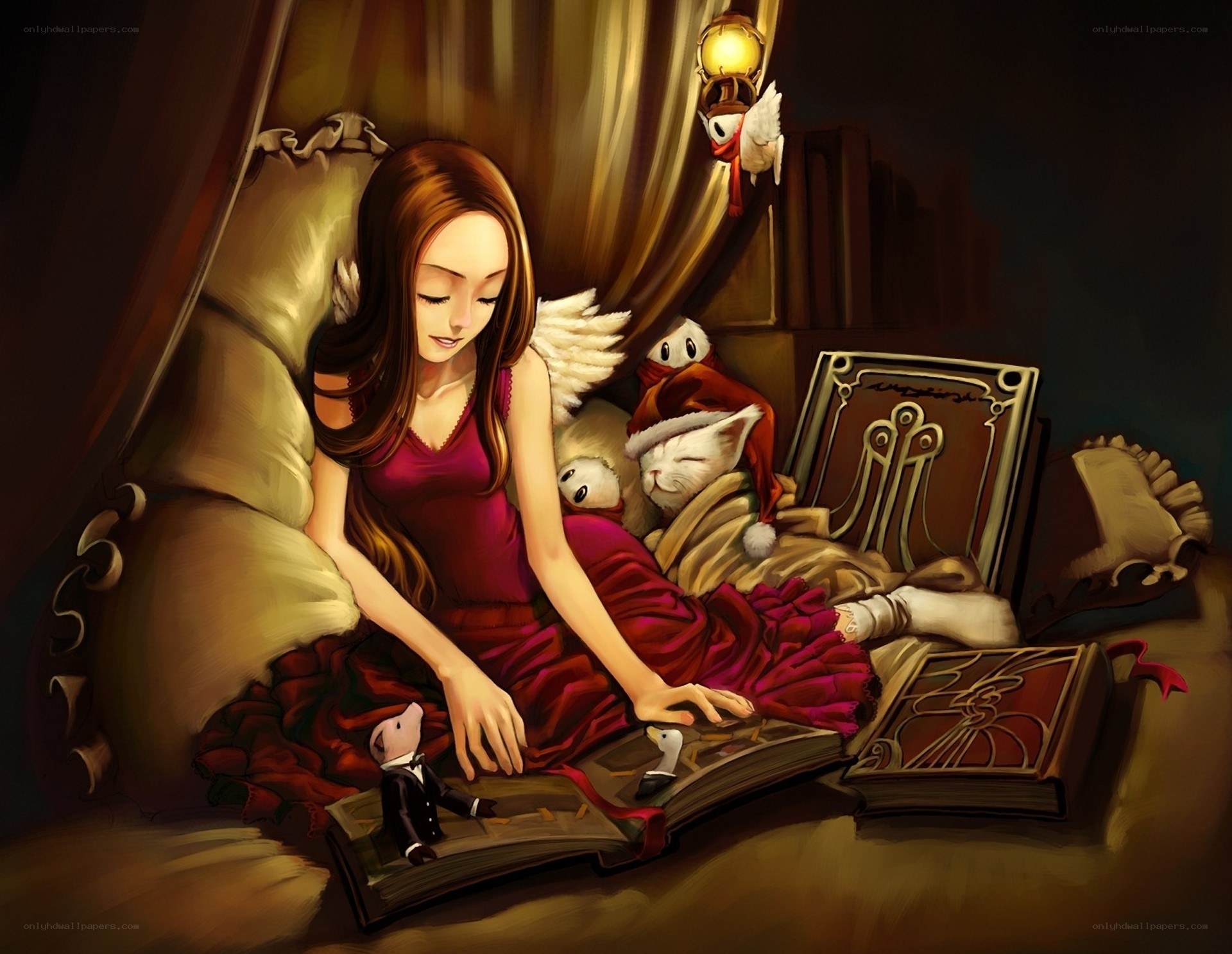 Girl reading with stuffed animals