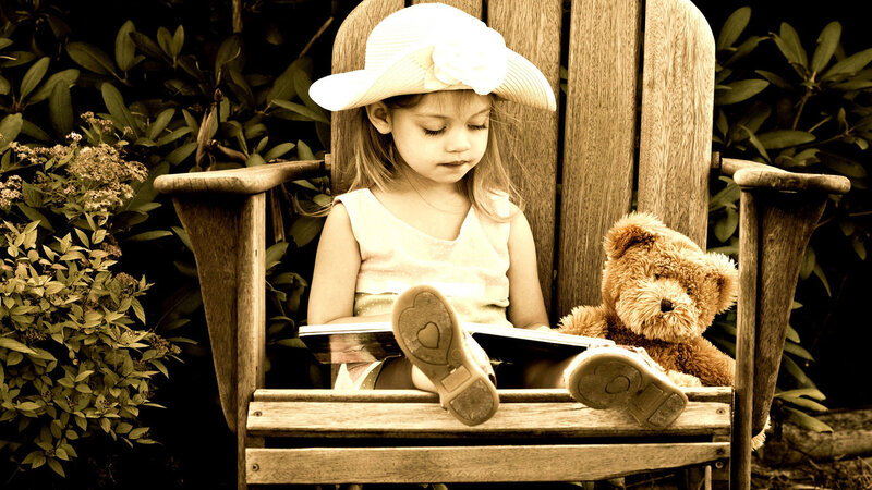 Girl Reading with Teddy Bear — Brown, Peaceful
