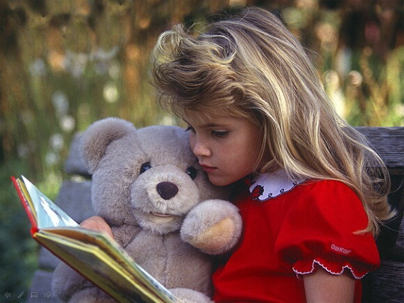 Girl Reading with Teddy Bear — Red