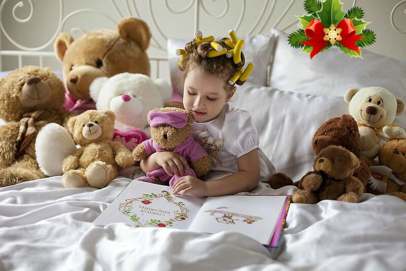 Girl Reading with Teddy Bears