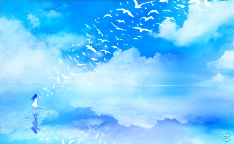 Girl Releasing Birds — Blue