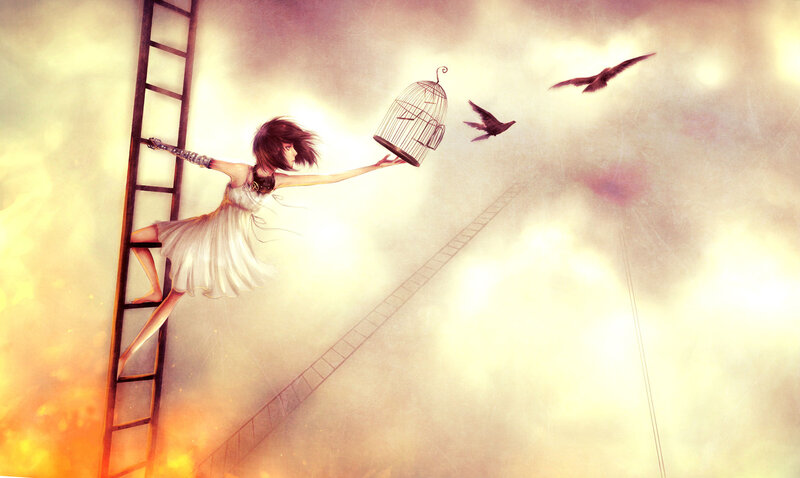 Girl Releasing Birds — Yellow