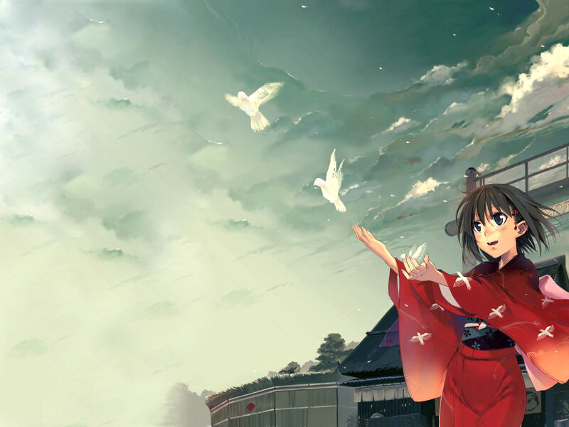 Girl Releasing Doves — Red