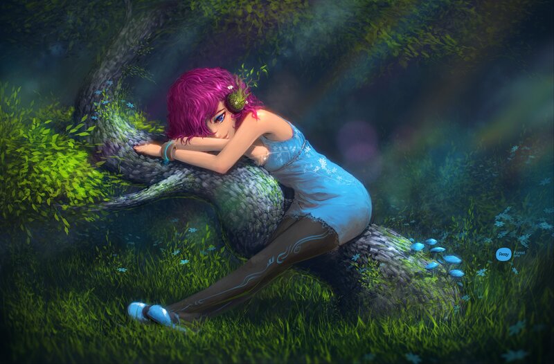 girl resting in forest