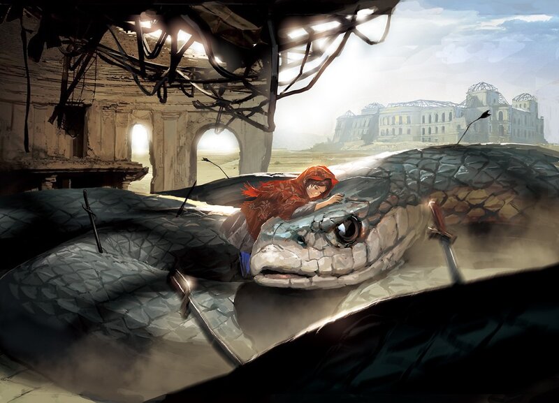 Girl resting on a giant snake