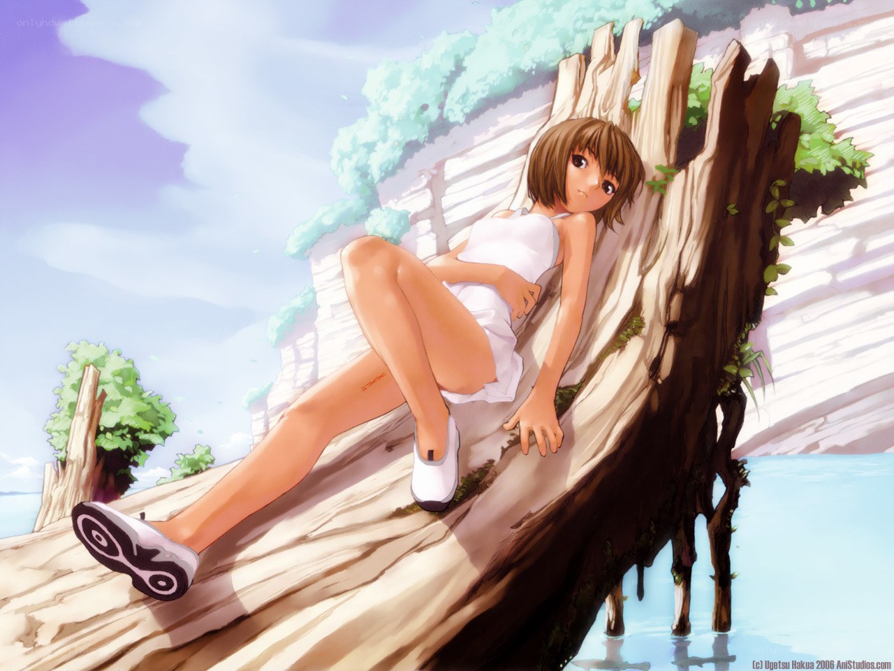 girl resting on a log