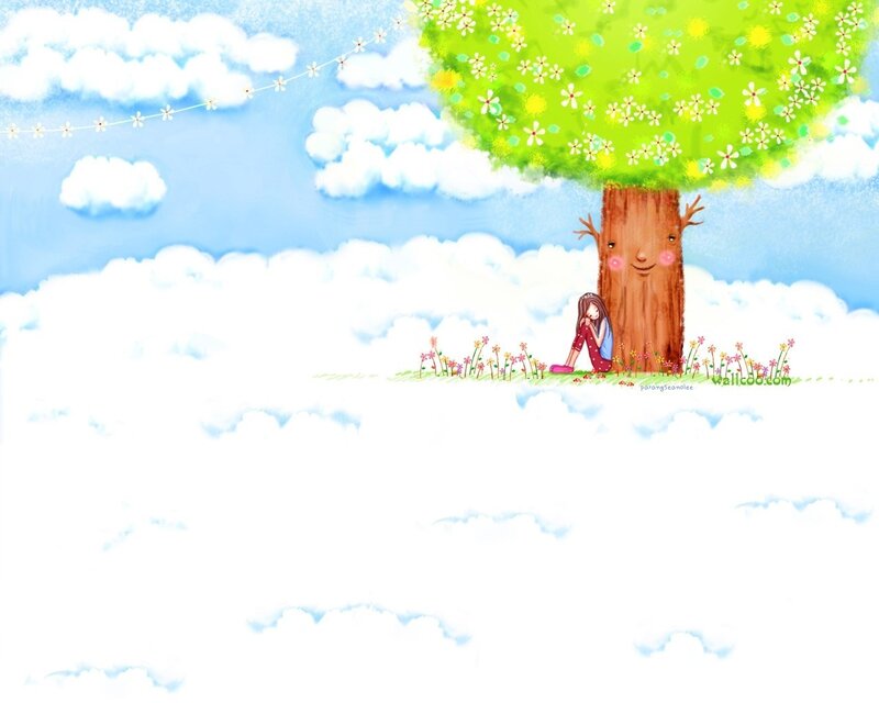 Girl resting under a smiling tree
