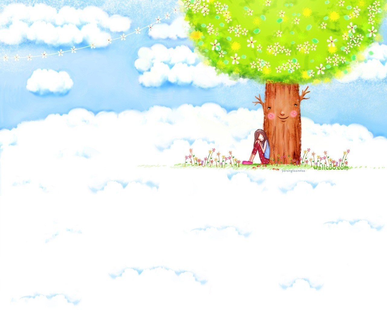 Girl resting under a smiling tree
