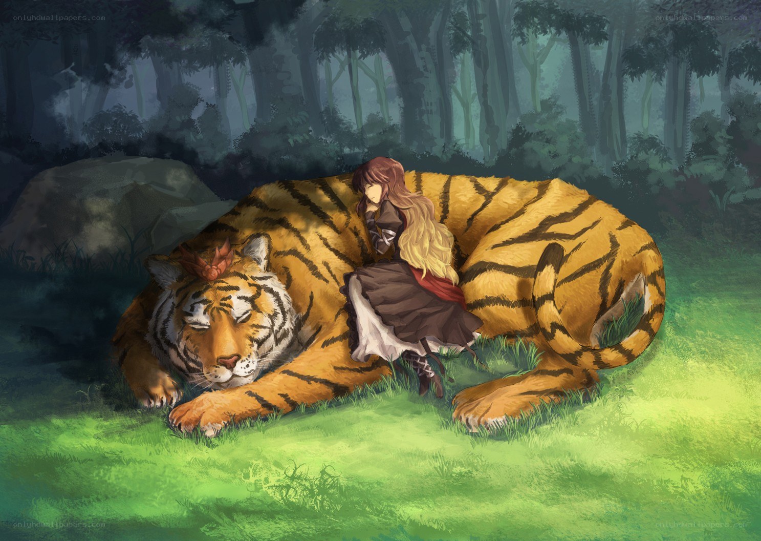 Girl resting with a tiger