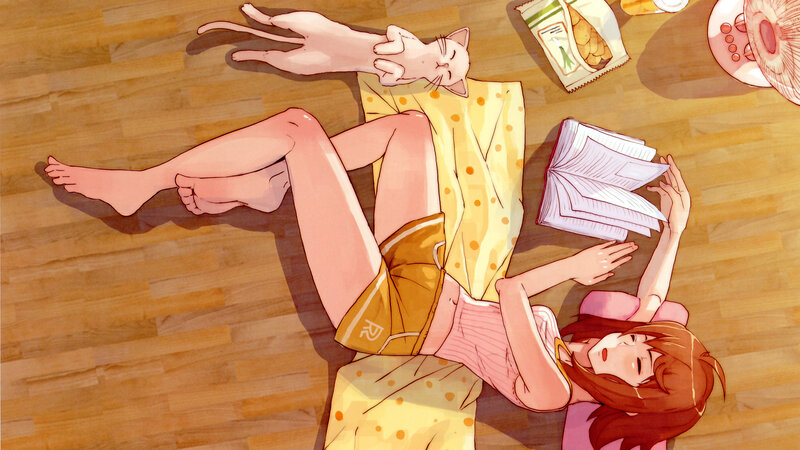 Girl resting with cat on floor