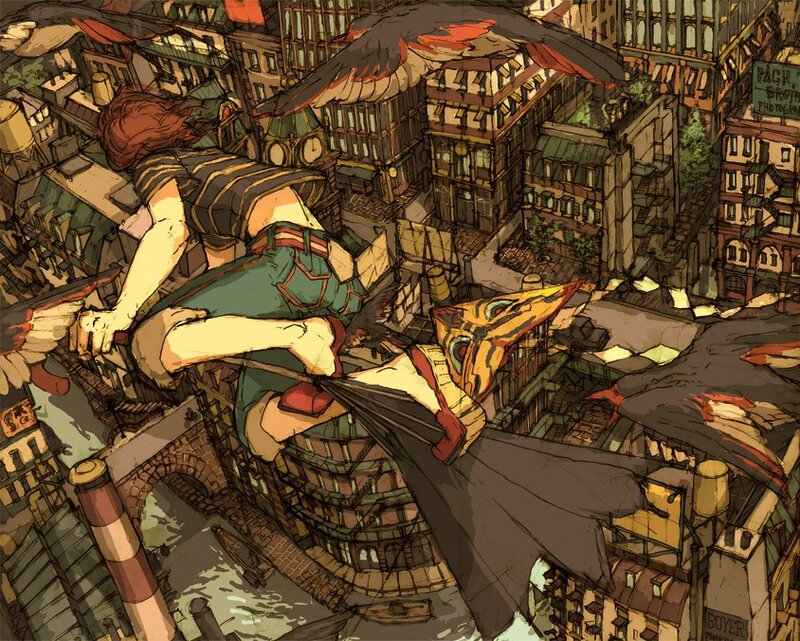 girl riding a bird over city