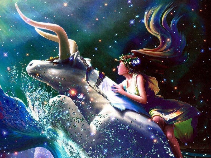 Girl riding a celestial bull
