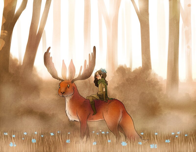 girl riding a deer in forest