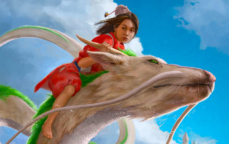 Girl Riding a Dragon — Blue, Adventurous, Afternoon, Digital Art