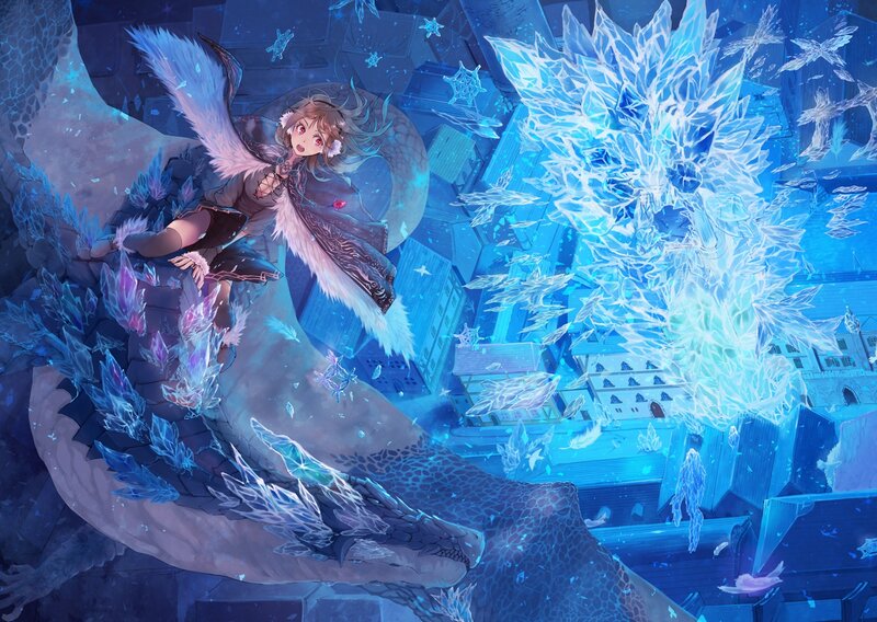Girl Riding a Dragon — Blue, Dramatic, Night, Digital Art