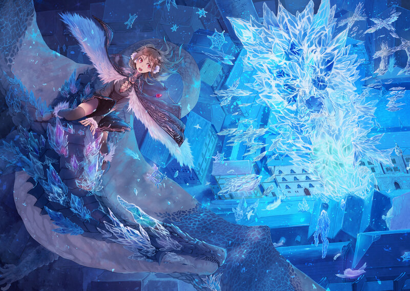 Girl Riding a Dragon — Blue, Dramatic, Night