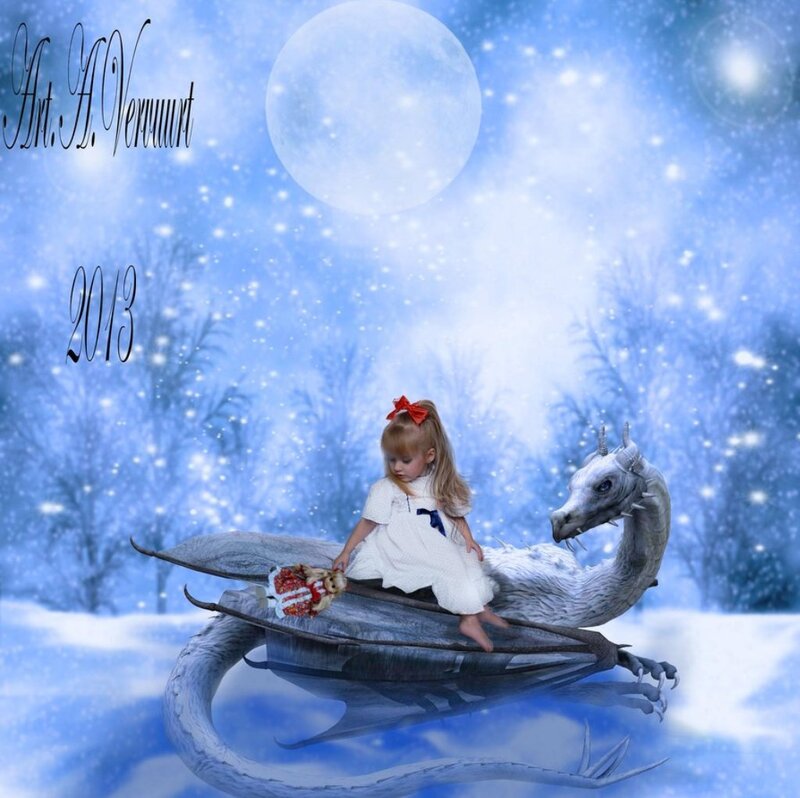 Girl Riding a Dragon — Blue, Fantasy
