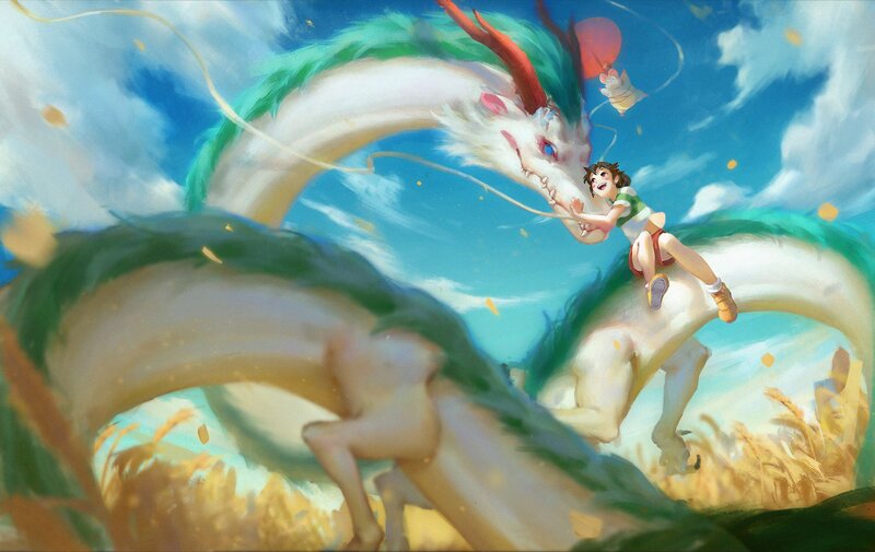 Girl Riding a Dragon — Blue, Whimsical