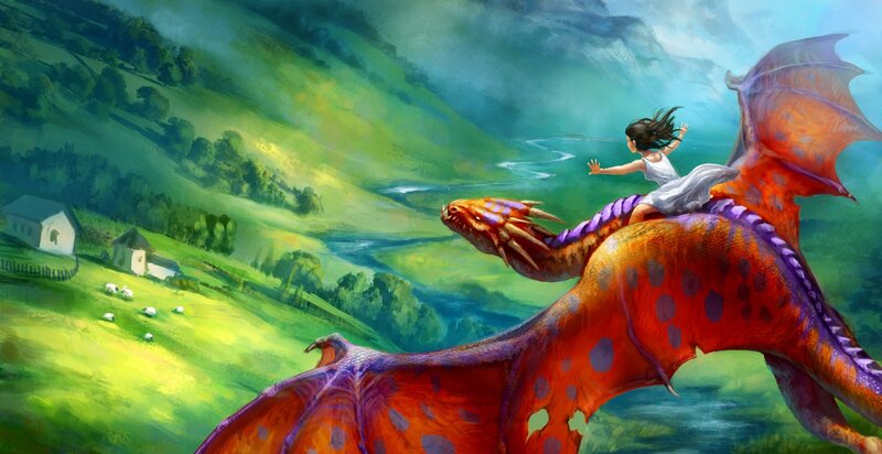Girl Riding a Dragon — Green, Adventurous