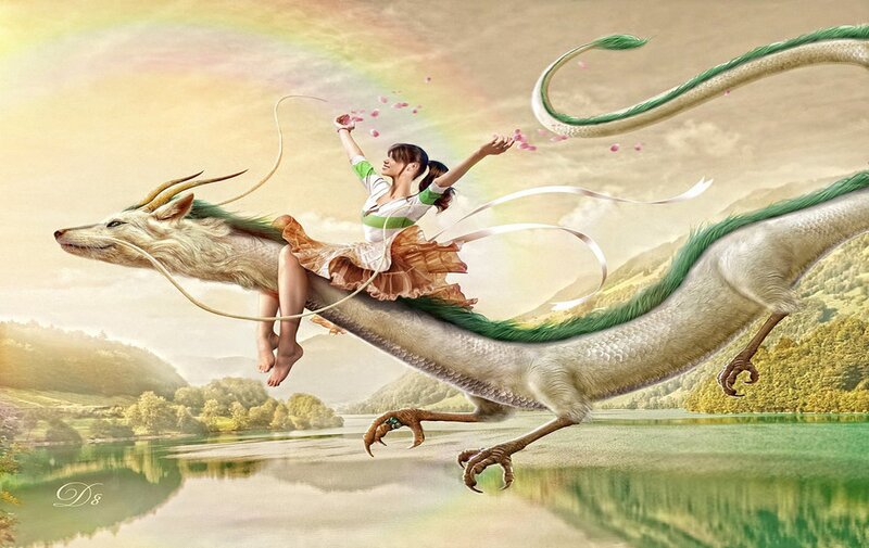 Girl Riding a Dragon — Green, Serene