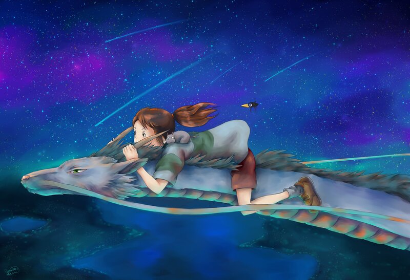 girl riding a dragon in space