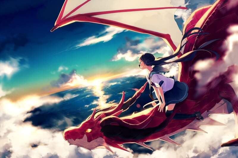 Girl Riding a Dragon — Red, Dramatic
