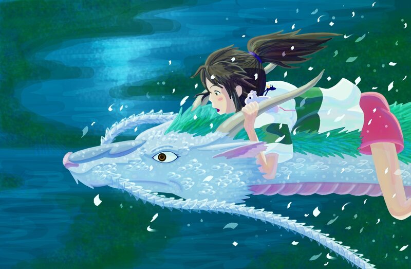 girl riding a dragon through water