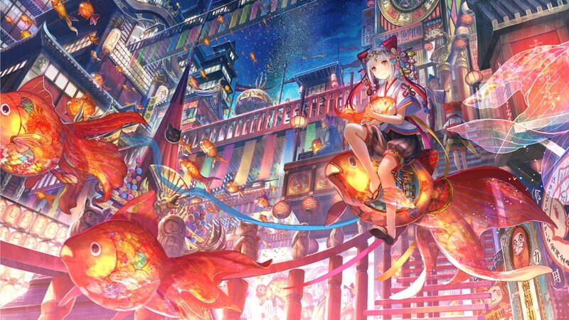 Girl Riding a Goldfish — Red, Festive