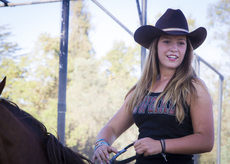 Girl Riding a Horse — Brown, Outdoor, Afternoon, Photograph, Cowboy Hat, Trees