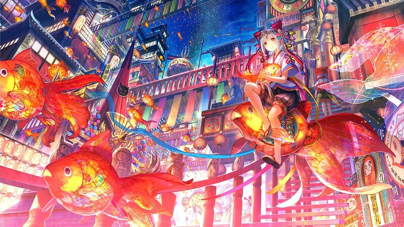Girl Riding a Koi Fish — Red