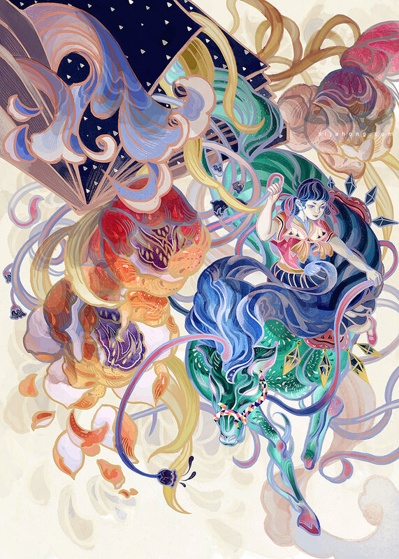 Girl Riding a Mythical Creature — Blue
