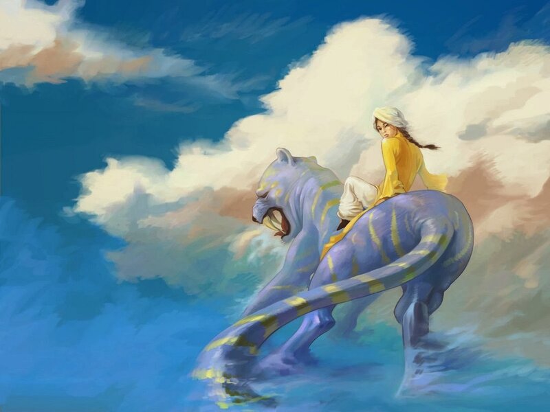 Girl Riding a Tiger — Blue, Dramatic