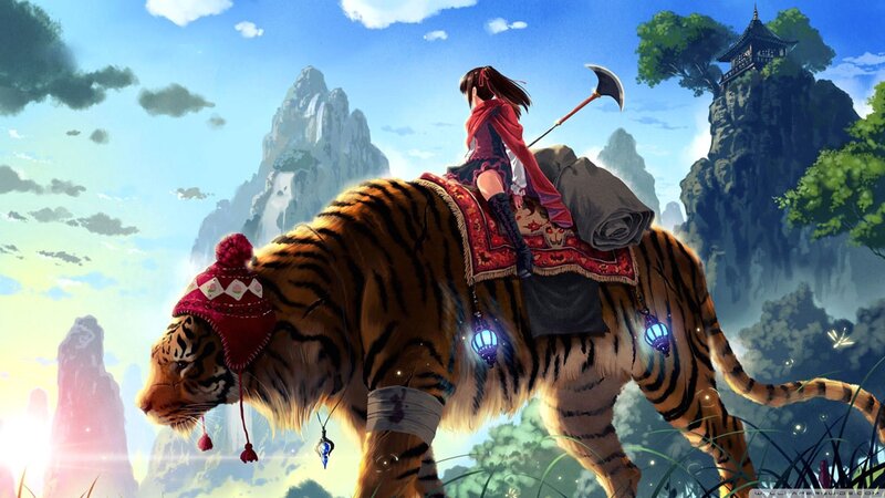 Girl Riding a Tiger — Blue, Serene, Morning, Digital Art, Sickle