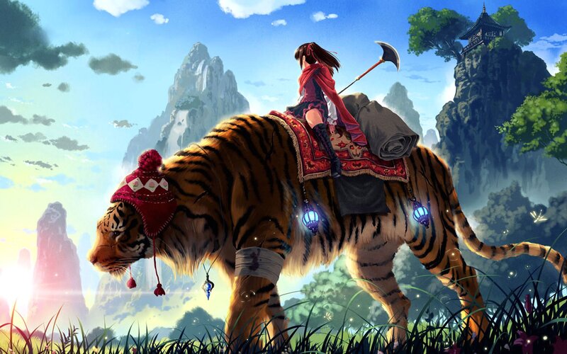 Girl Riding a Tiger — Blue, Serene