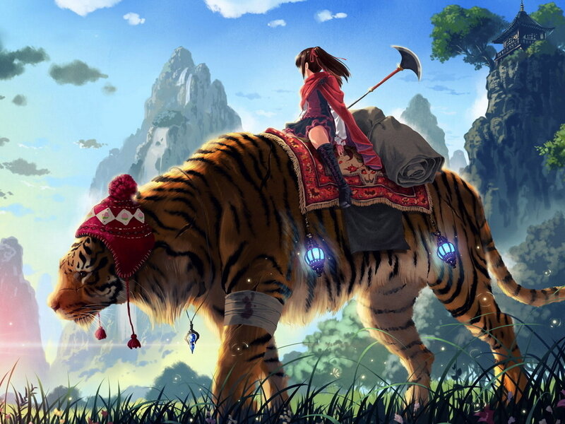 Girl Riding a Tiger — Blue