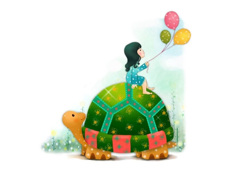 girl riding a turtle with balloons