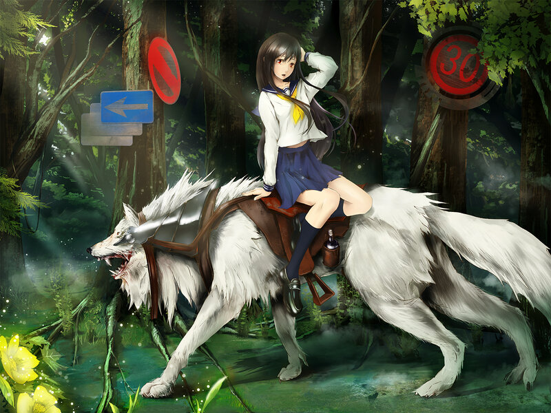 Girl Riding a Wolf — Green, Mysterious