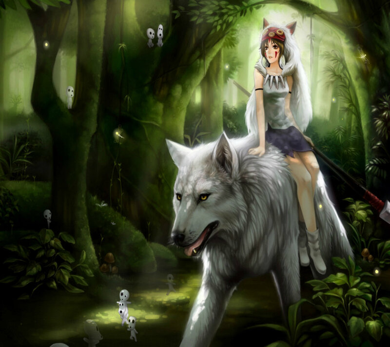 Girl Riding a Wolf — Green, Mystical, Night