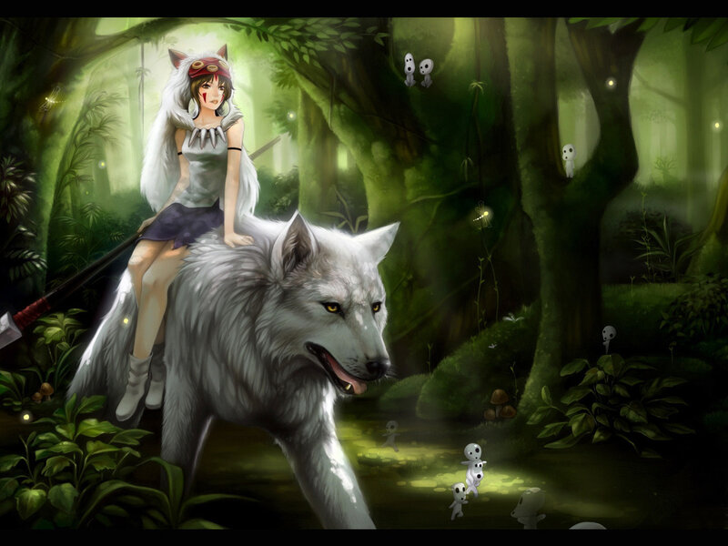 Girl Riding a Wolf — Green, Mystical