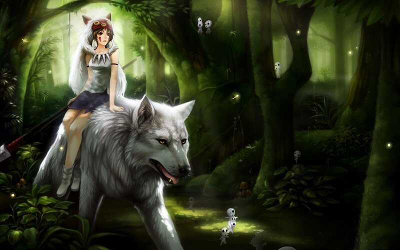 Girl Riding a Wolf — Green, Serene