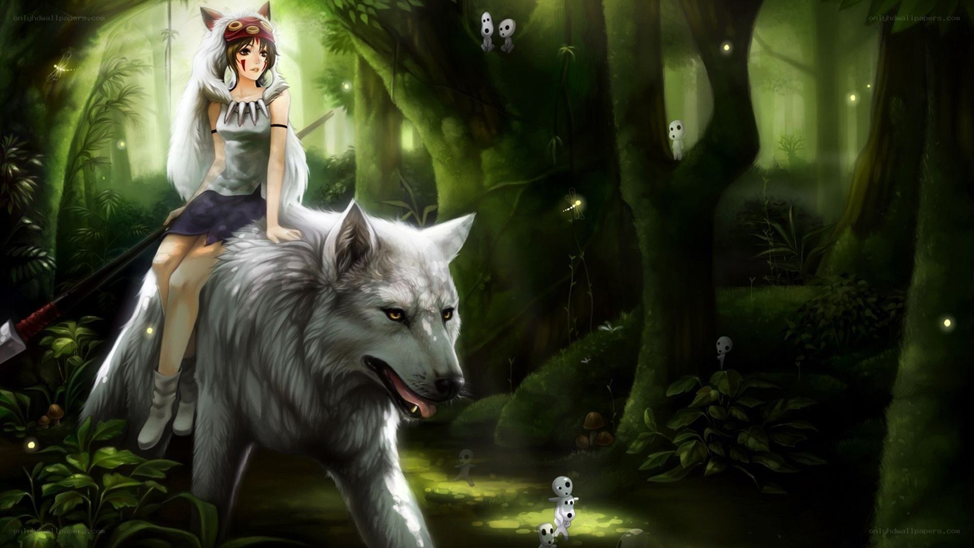 girl riding a wolf in forest
