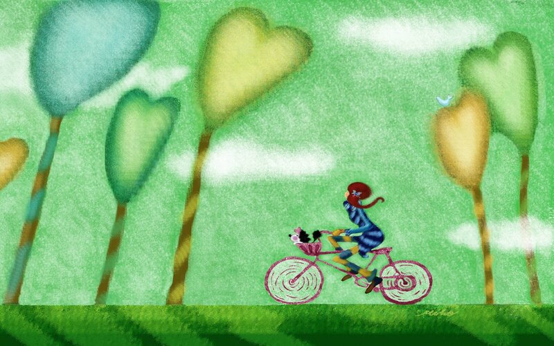 Girl riding bike with dog