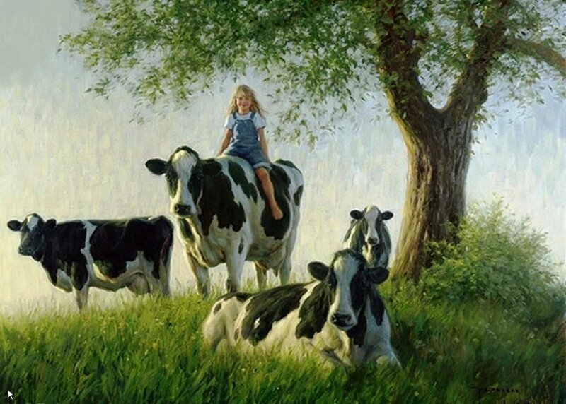 Girl Riding Cow — Green