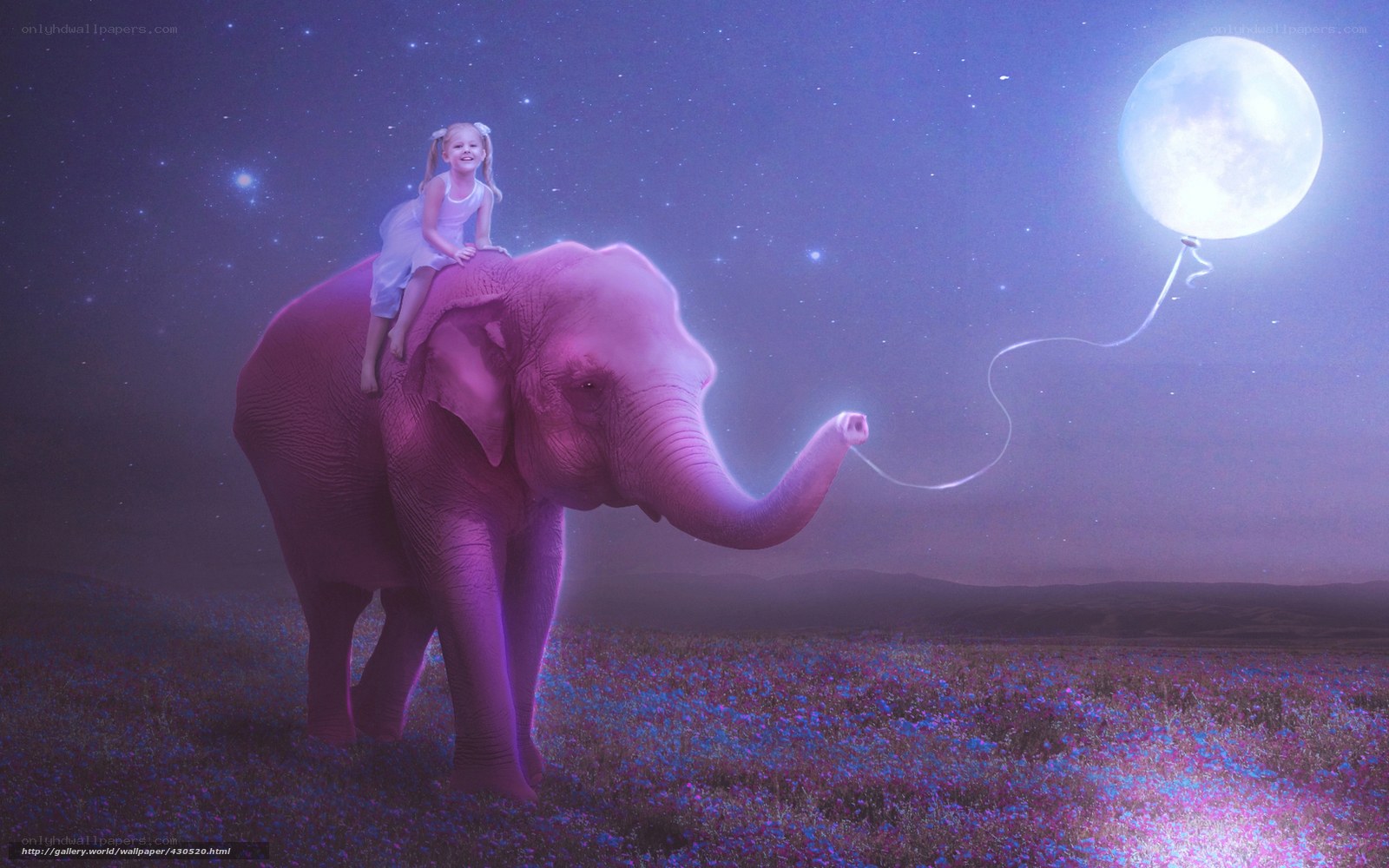Girl riding elephant under moon