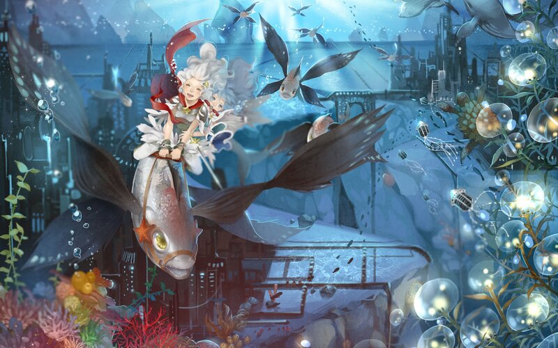 Girl Riding Fish Underwater