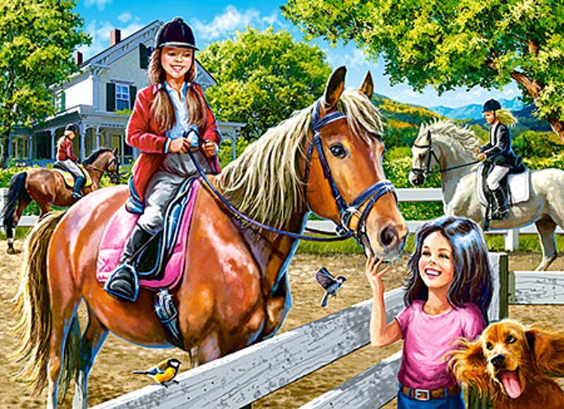 Girl Riding Horse — Brown, Happy