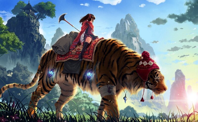 Girl Riding Tiger — Blue, Serene, Afternoon, Digital Art