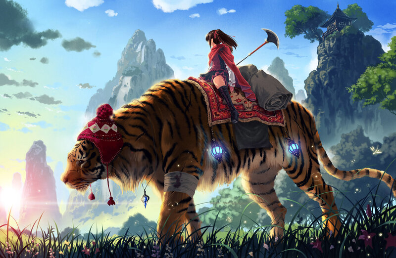 Girl Riding Tiger — Blue, Serene, Morning, Digital Art, Axe